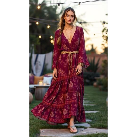 70s Adini Burgundy Boho Maxi Dress | Gold Print Empire Waist Tassel Beads Fall - Picture 14 of 16